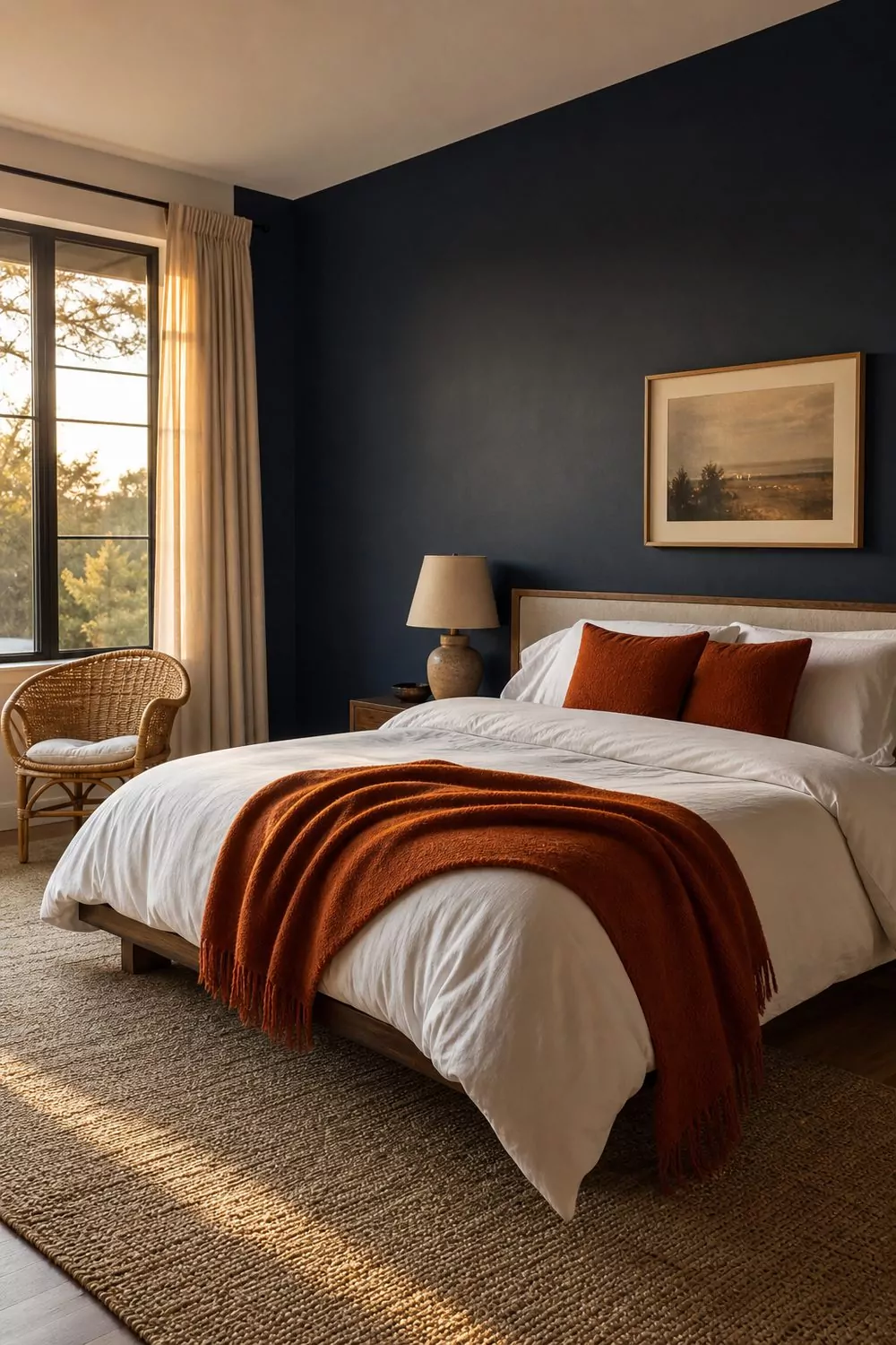 Deep navy bedroom wall behind a white bed with a burnt orange wool throw, matching pillows and a rattan corner chair
