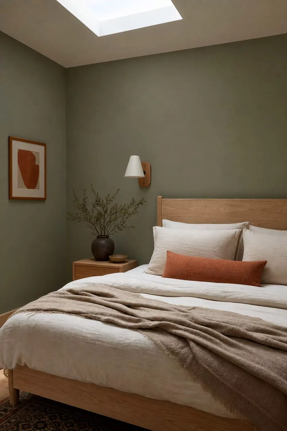 Muted sage green bedroom wall with a pale oak bed, cream bedding, a burnt orange lumbar pillow and framed abstract print