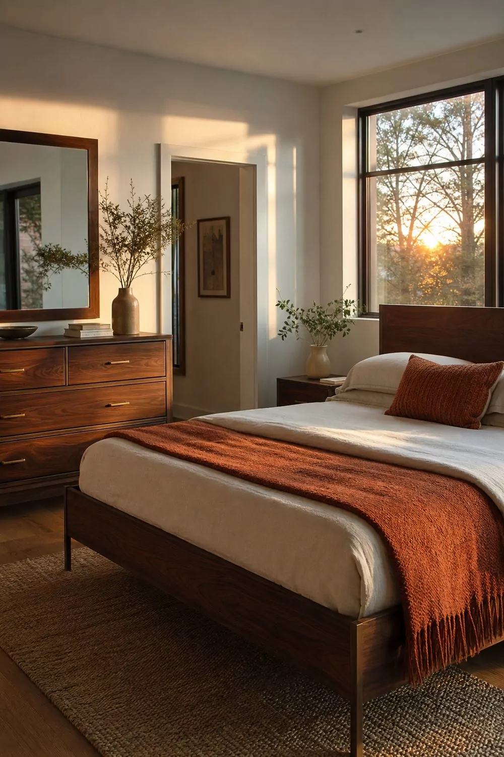 Bedroom with a walnut bed frame and dresser, clay orange wool throw and pillows, soft white walls and brass drawer pulls