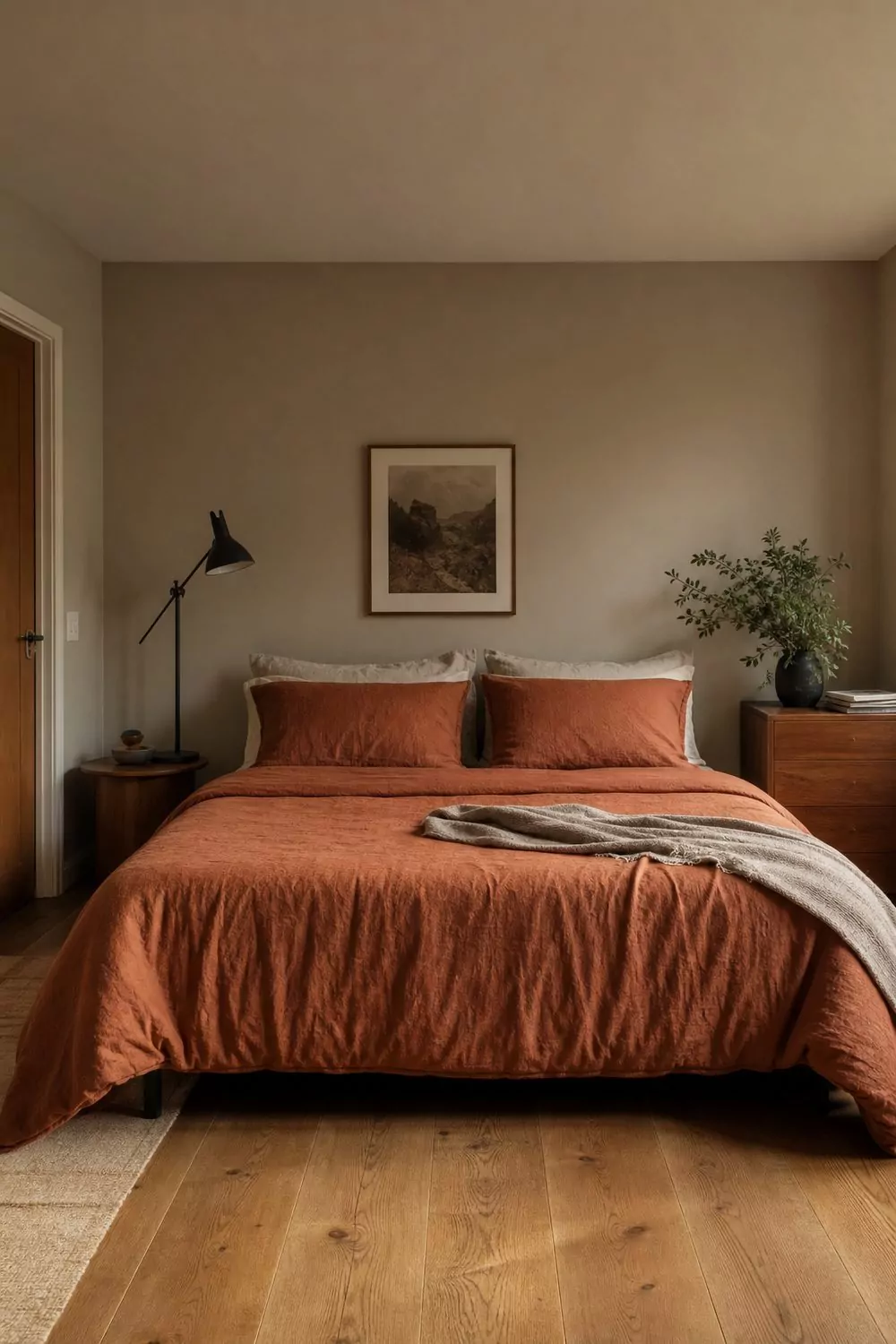 Warm greige painted bedroom with rust orange bedding, a blackened steel reading lamp and mid tone oak flooring