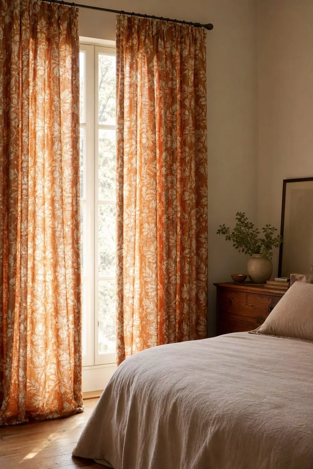 Full length orange patterned linen curtains framing a tall bedroom window with cream walls, taupe bedding and oak flooring