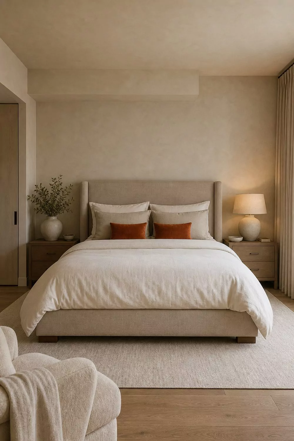 Neutral cream and greige bedroom with two burnt orange velvet and linen throw pillows on the bed as the only color