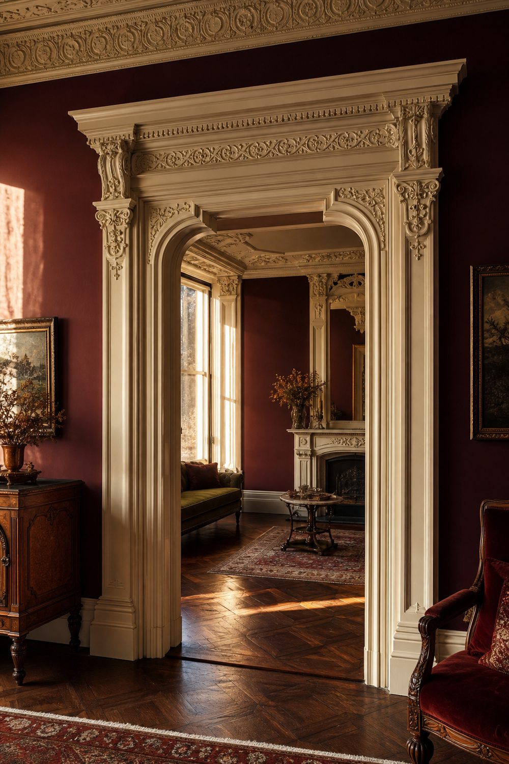 Ornate ivory Victorian door molding with layered carved curves and a heavy header in a deep burgundy parlor