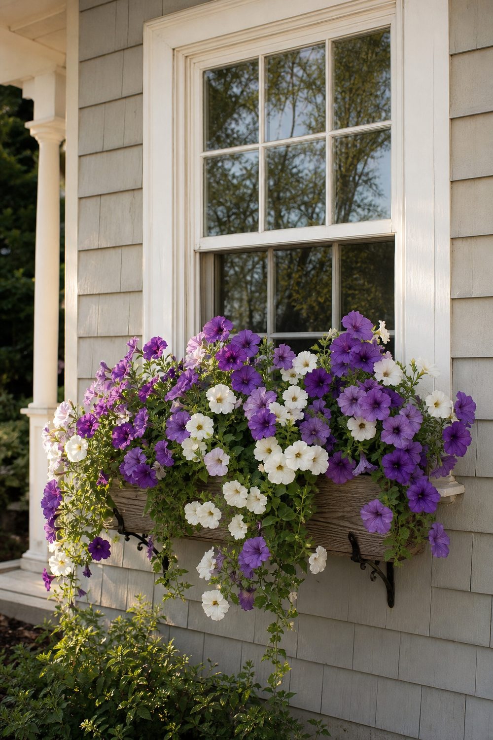 Cedar window box on a sill with black iron brackets overflowing with cascading purple and white petunias