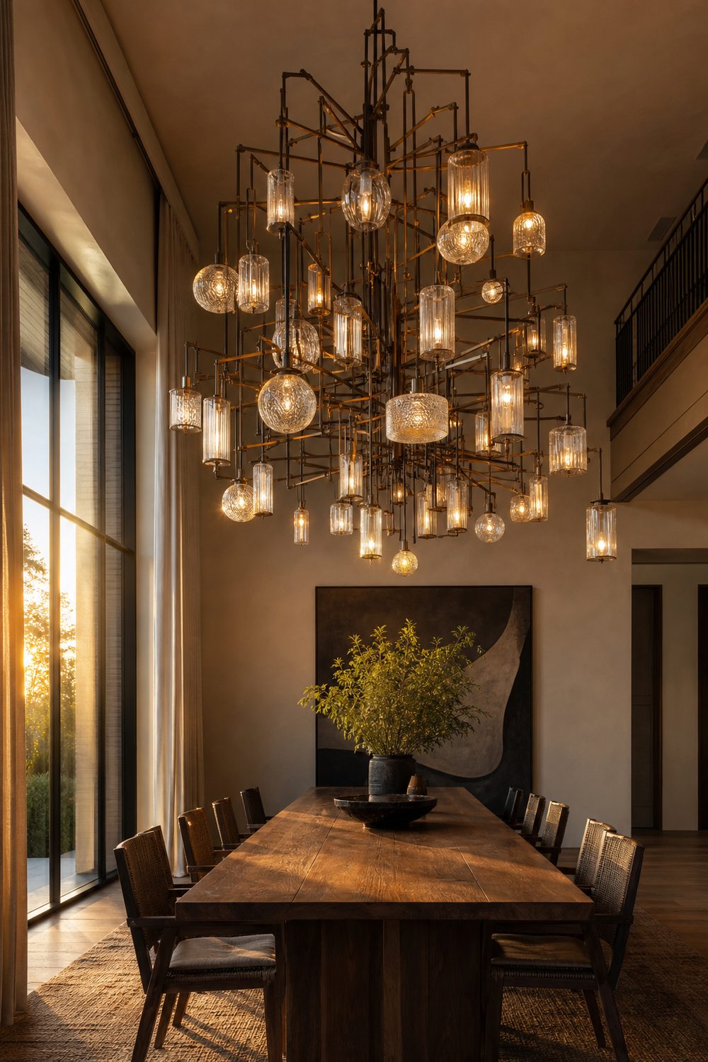 Oversized multi tier glass chandelier dominating a double height dining room above a long table