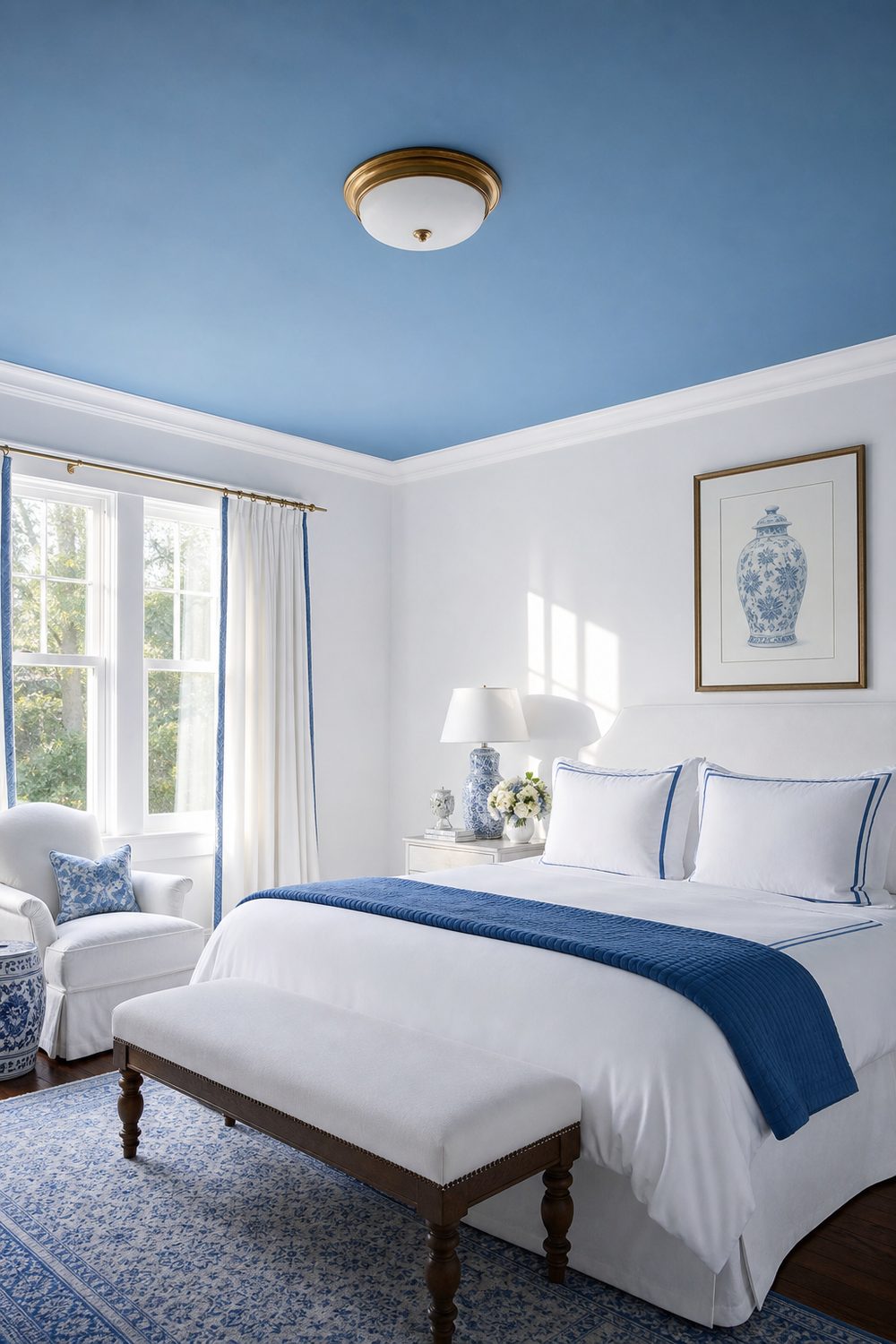 Bedroom with soft blue painted ceiling, white walls and crown molding, white bed with blue trimmed pillows and brass flush mount