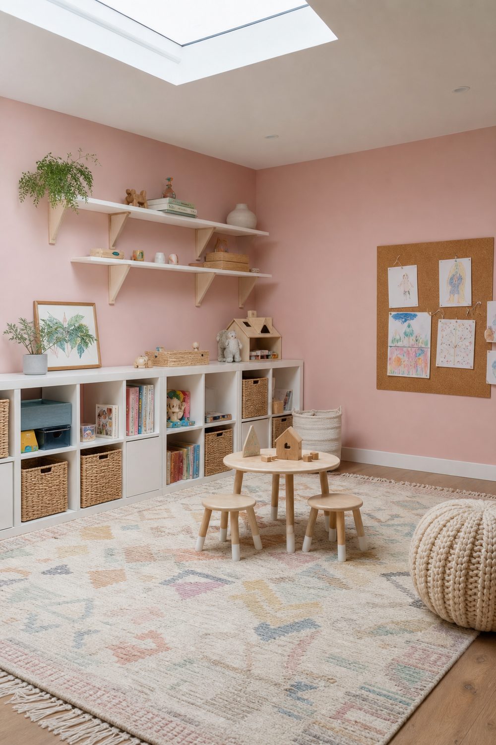 Pastel pink kids playroom with white cube storage, washable rug, and cork board wall for art