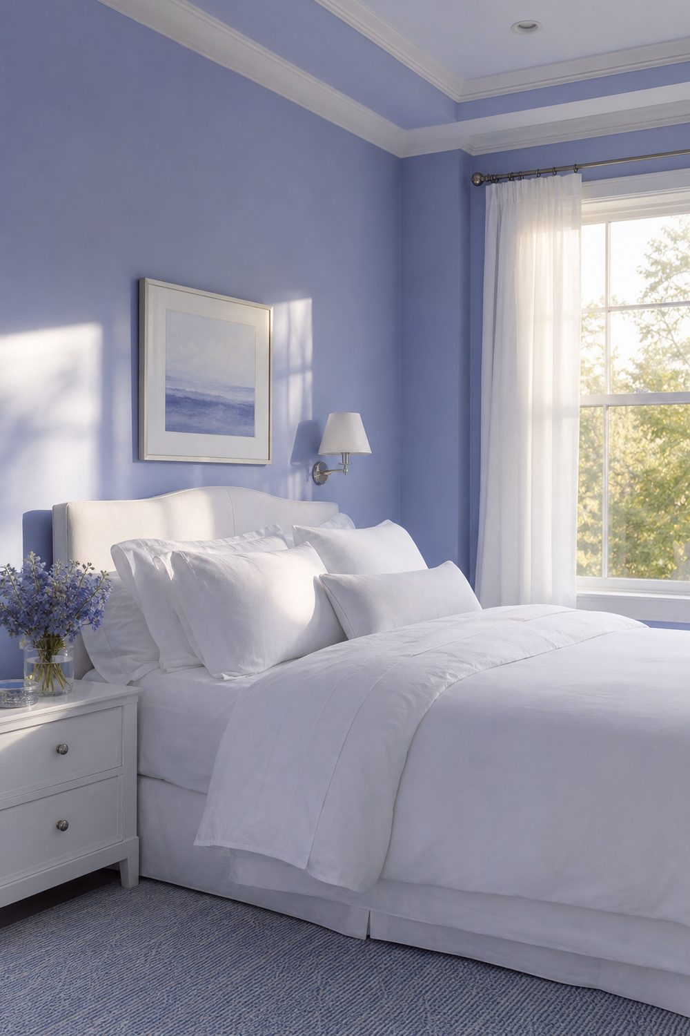 Bedroom with soft periwinkle blue walls, crisp white percale bedding, white painted nightstand and clear glass vase in warm light