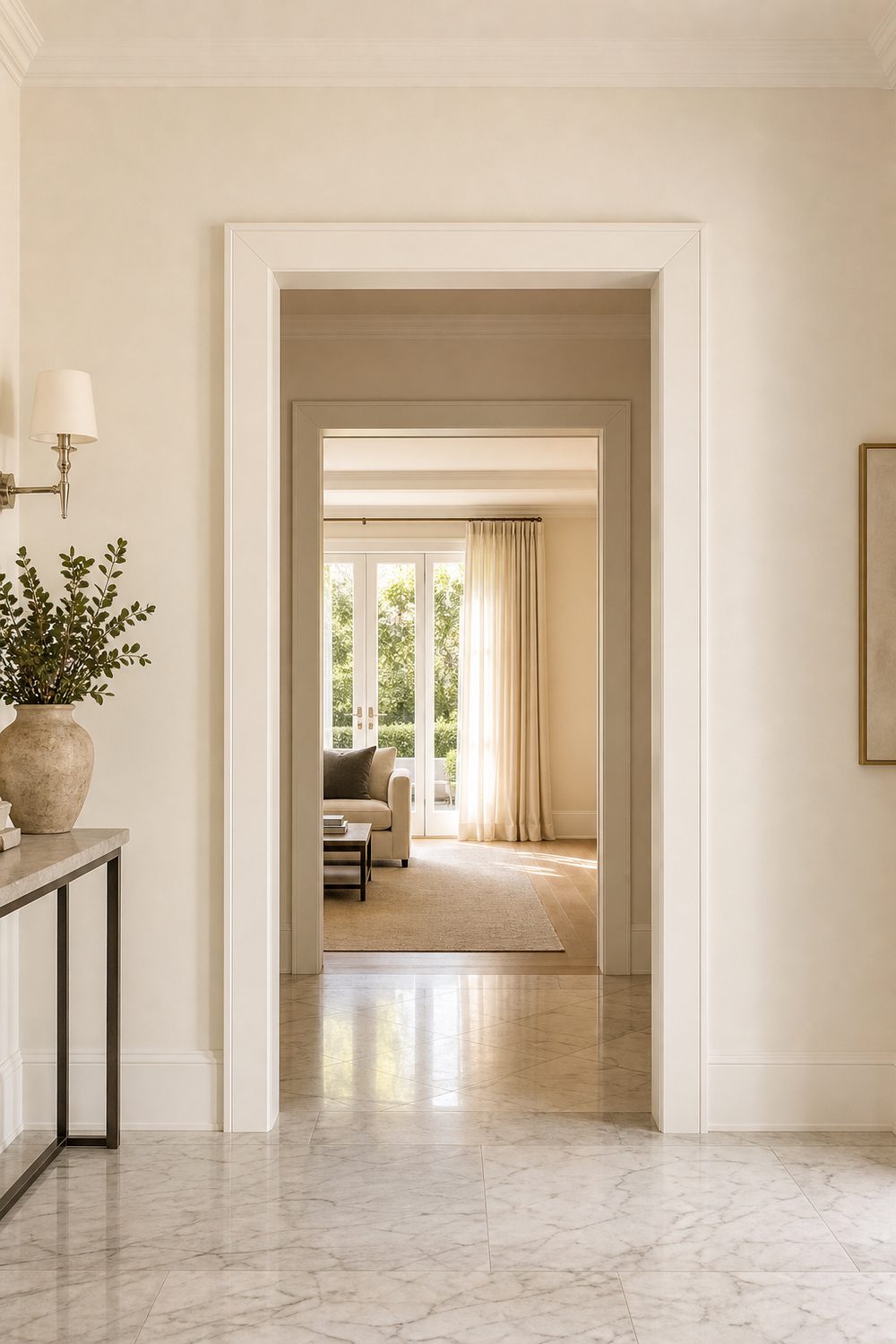 Door casing mitered at all four corners like a picture frame in a warm white entry hall with marble tile floors