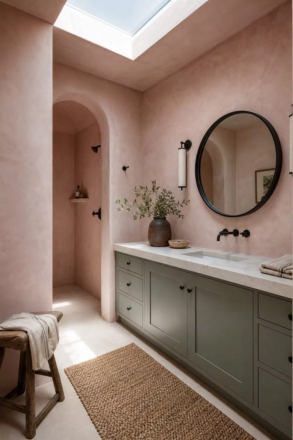 Pale pink plaster walls with a sage green painted vanity, round black framed mirror and a woven jute runner on the floor