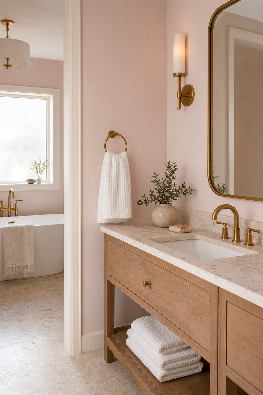 Soft pink walls with warm brushed gold faucet, towel ring, mirror frame and light fixture over a cream limestone floor