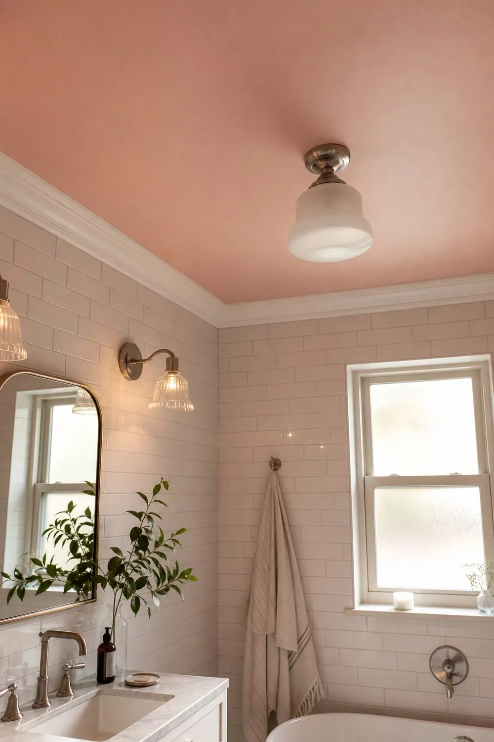 Pale pink painted ceiling above white subway tiled walls, separated by white crown molding, with a brushed nickel light fixture