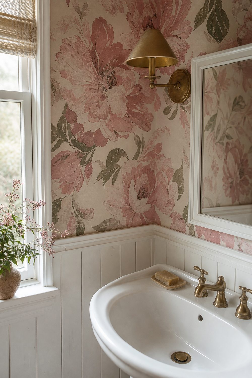 Large scale pink floral wallpaper behind a white pedestal sink, with white beadboard below the chair rail and a white framed mirror