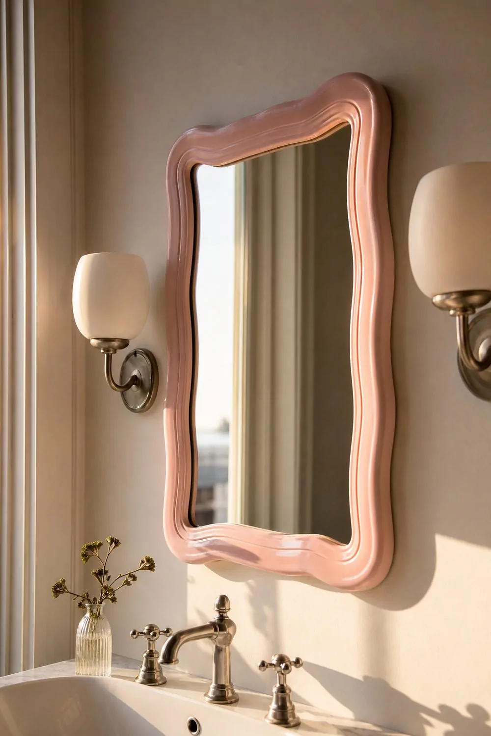 Pink lacquered framed mirror flanked by two small opal glass sconces on a pale neutral wall above a white basin