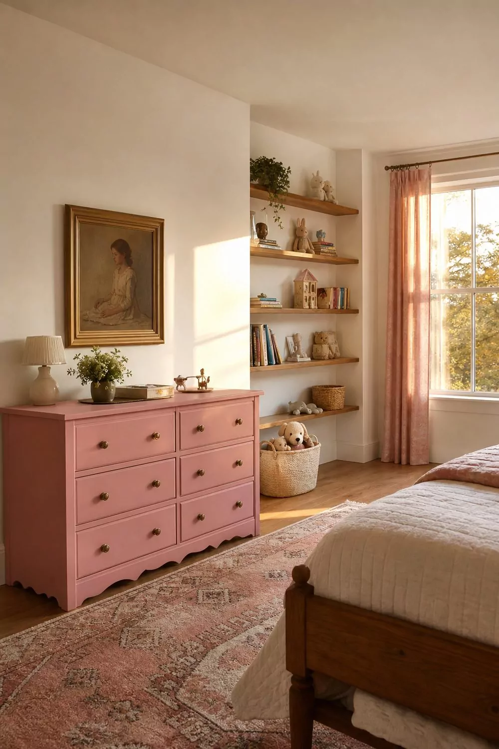 Pink girls bedroom with pink painted dresser, tan and pink patterned rug, and open wood shelving