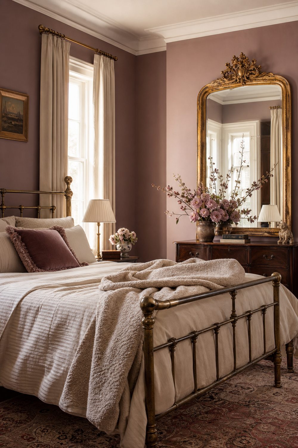 Pink and gold glam bedroom with brass bed frame, vintage gold leaf mirror, cream velvet bedding, and wool throw