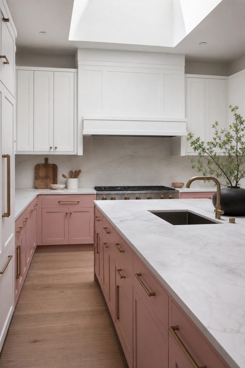 Pink lower kitchen cabinets with white upper cabinets, brass pulls, and honed quartzite countertop