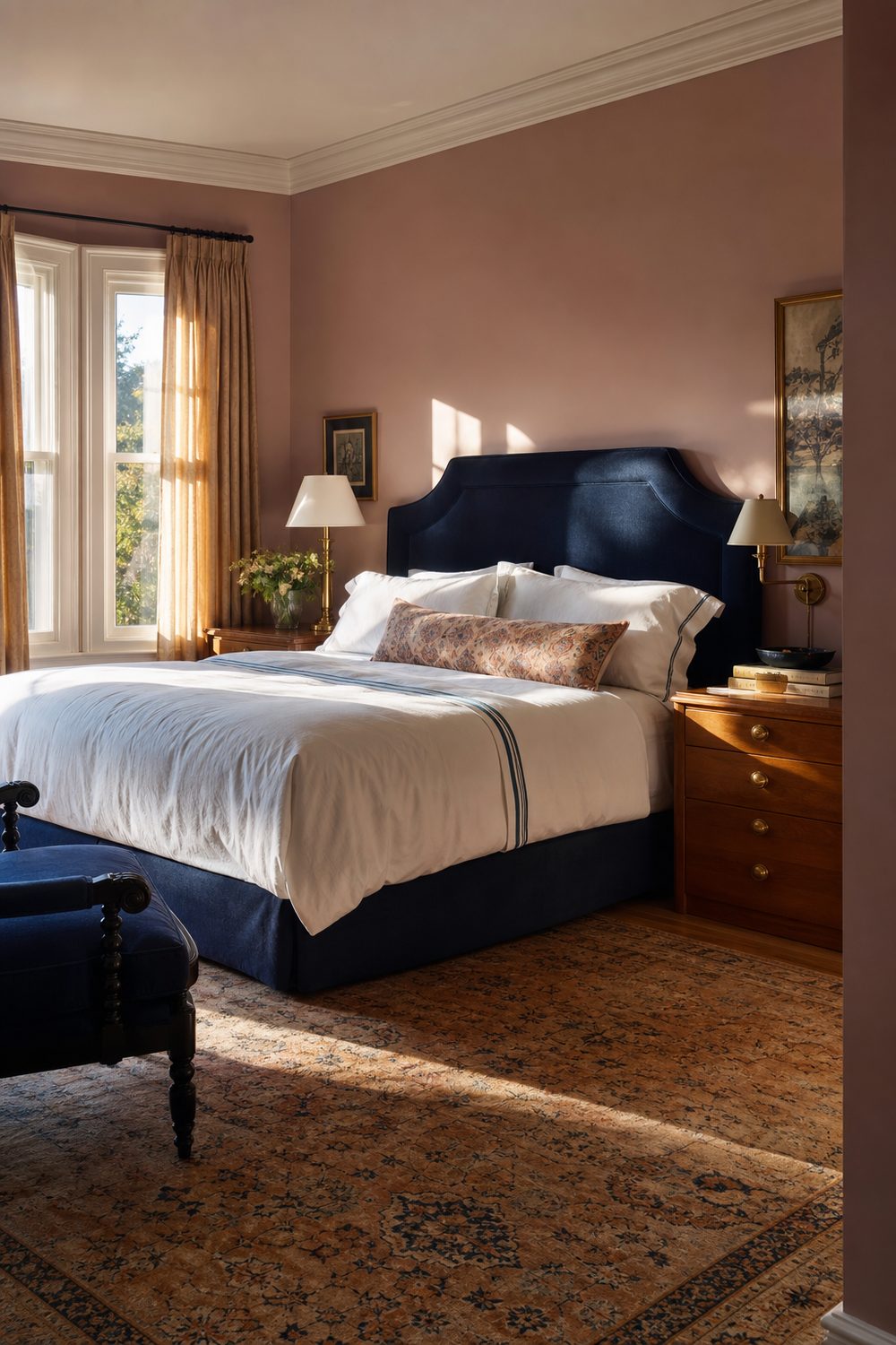 Pink and navy bedroom with navy upholstered headboard, white bedding with navy stripe, and brass hardware