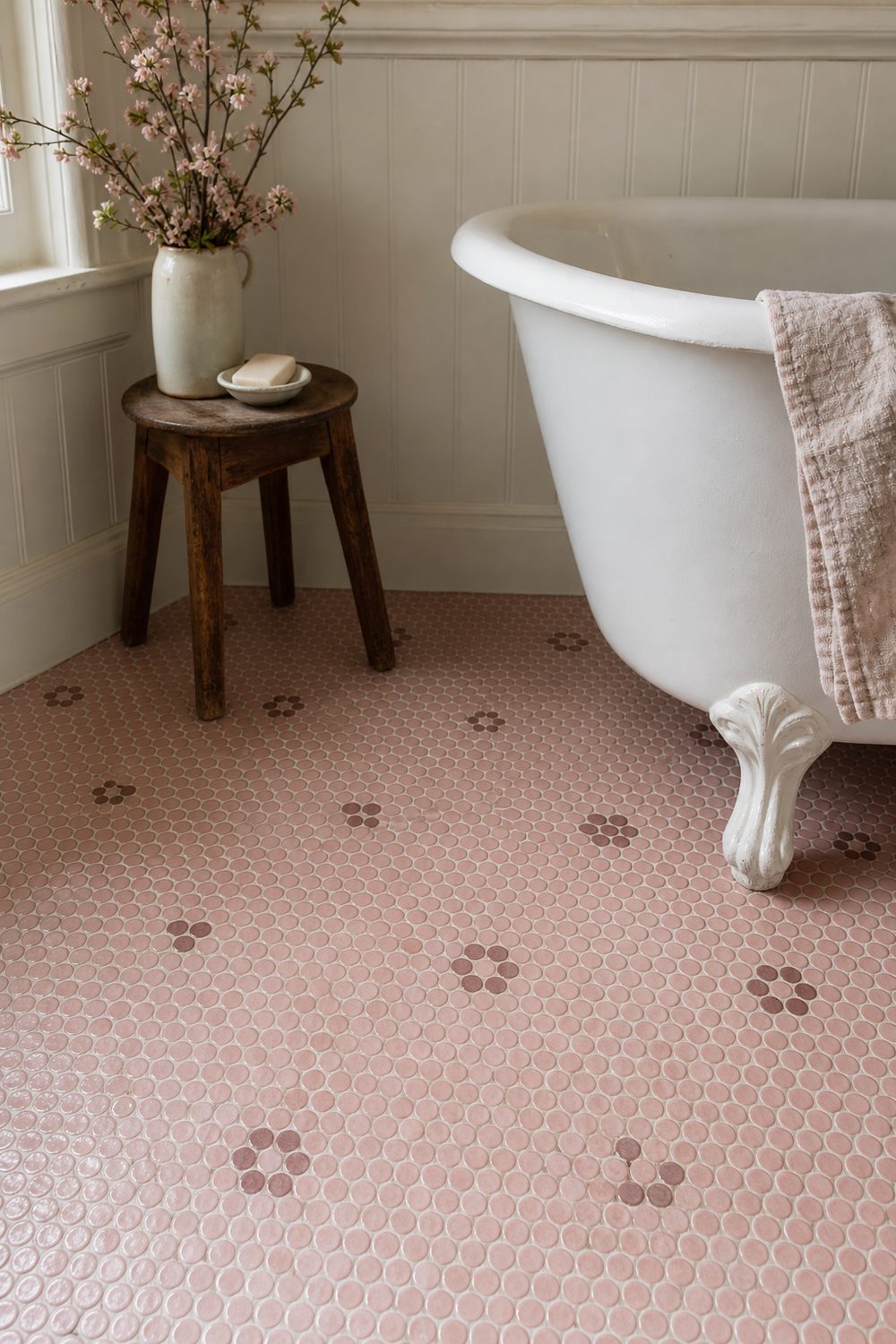 Pink penny round tile floor with scattered darker rose accents, white wainscot above and the rolled rim of a claw foot tub in frame