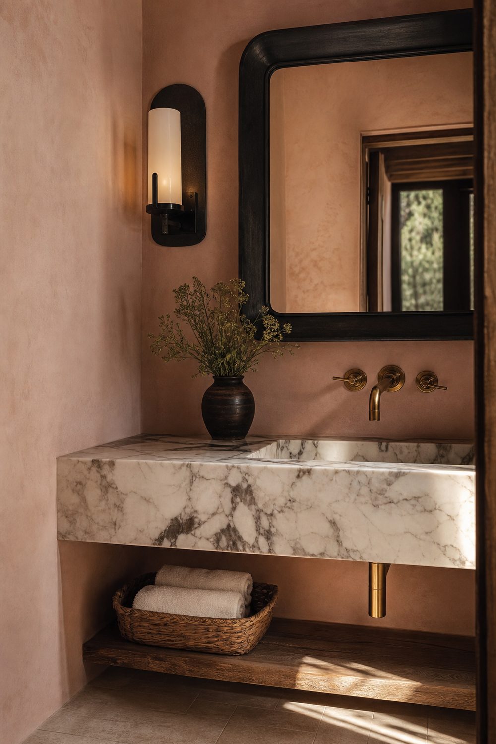 Pink powder room with warm limewash walls, black-framed sconce, dark mirror, and veined marble sink