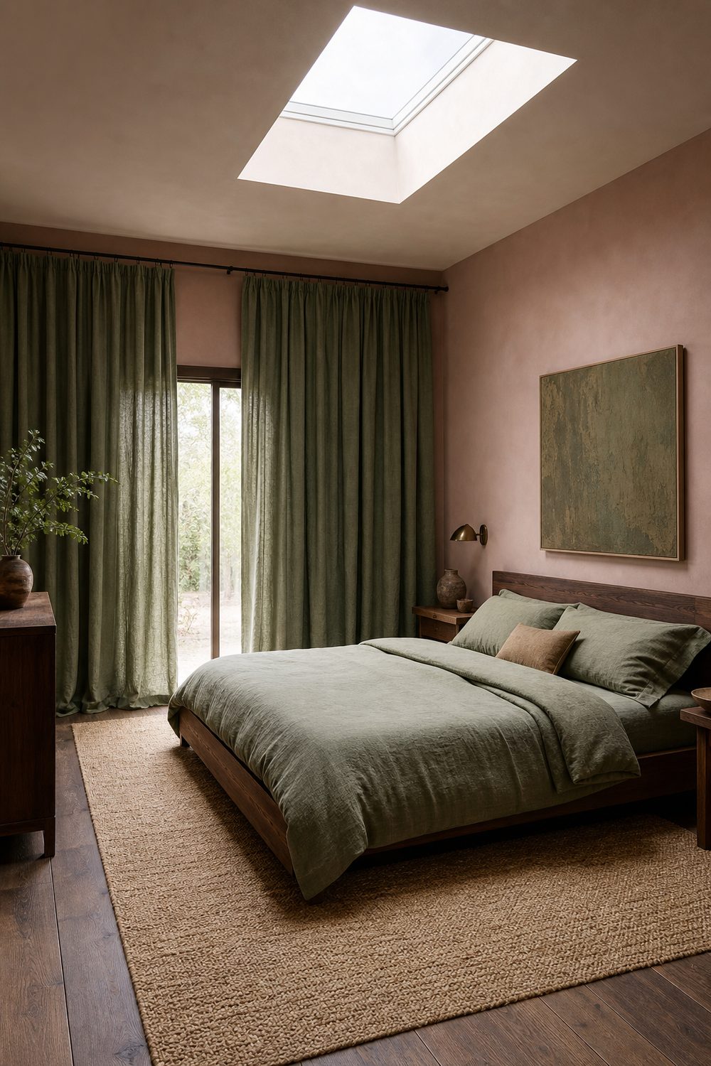 Pink and sage green bedroom with walnut bed frame, jute rug, and sage linen drapery