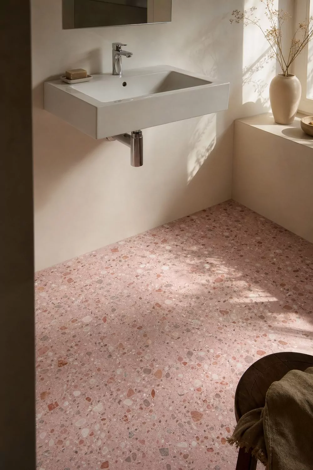Pink flecked terrazzo floor with visible aggregate chips, plain white walls and a simple white wall hung basin with chrome tap