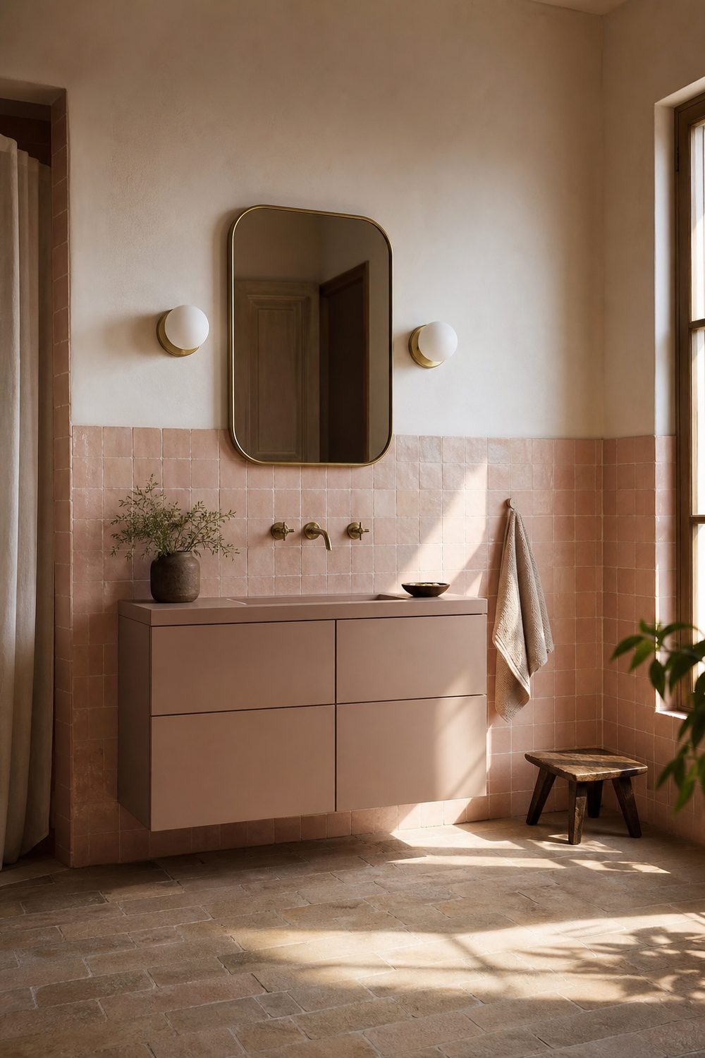 Pink zellige tile bathroom with warm white plaster, matte vanity, and putty-toned grout