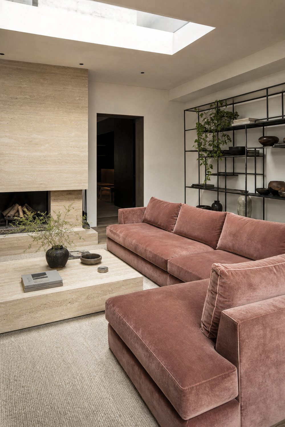 Rose velvet sectional sofa with travertine coffee table, wool rug, and blackened steel shelving