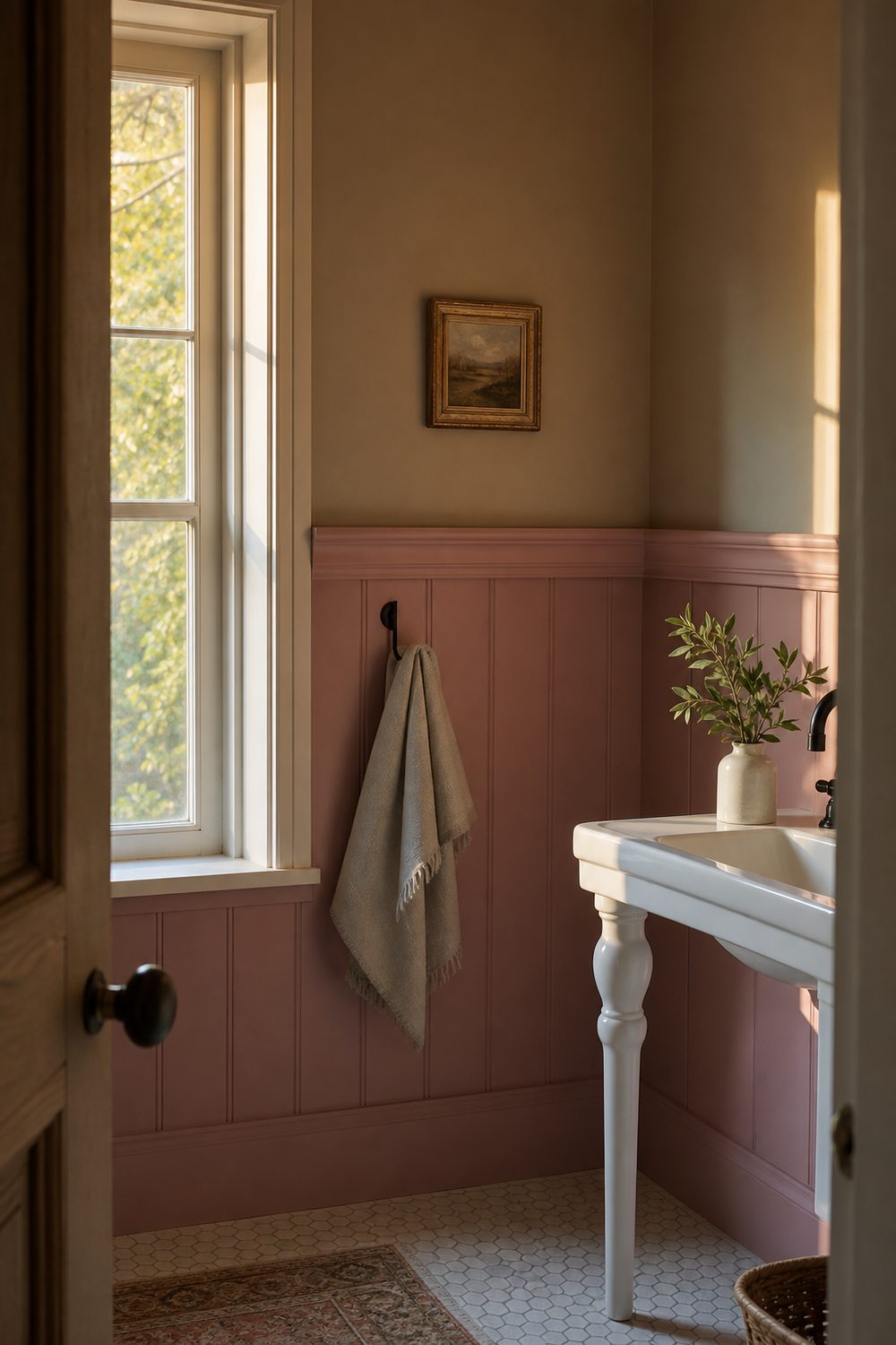 Pink painted wainscoting to chair rail height with a warm greige upper wall, a white sink and a simple matte black towel hook
