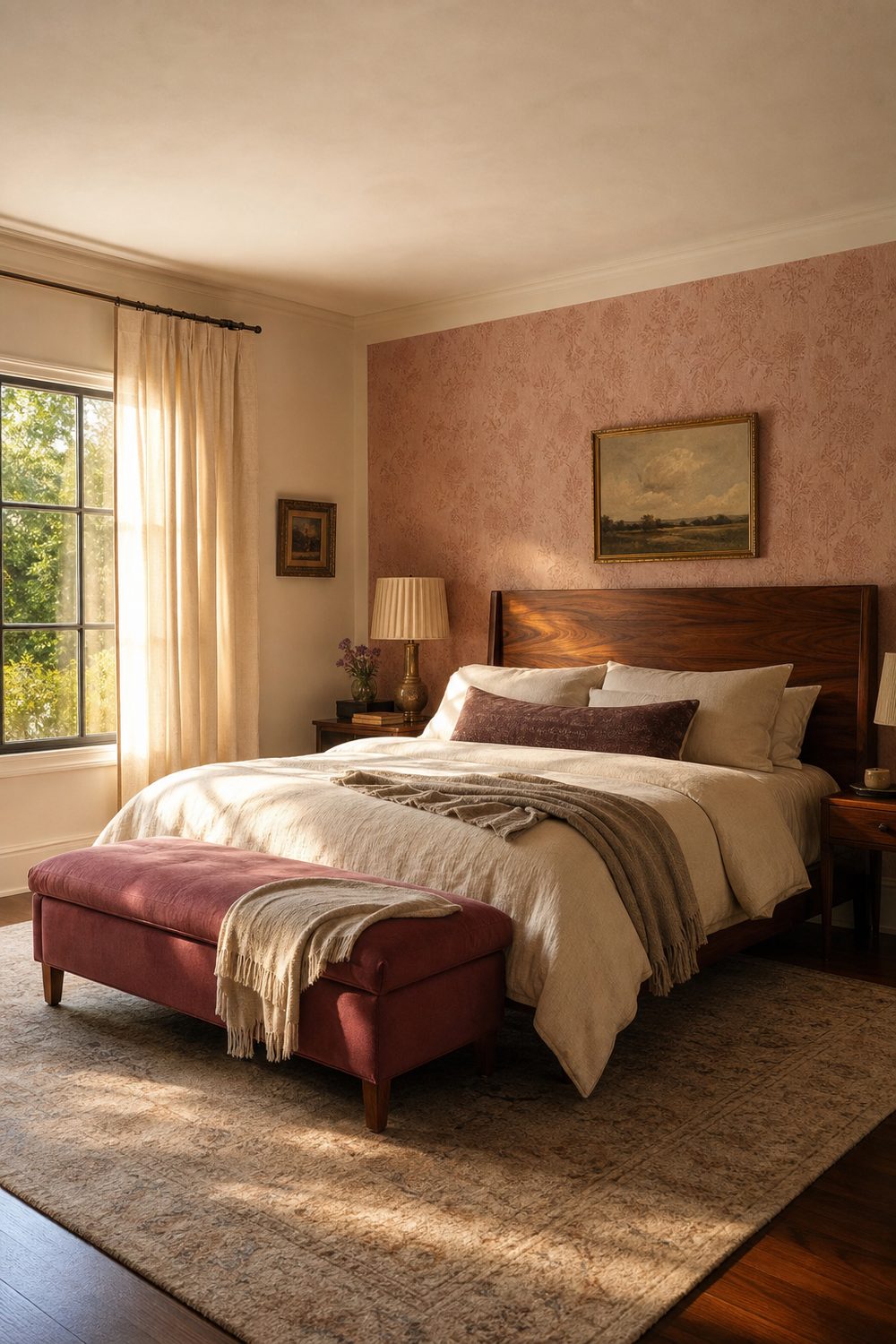 Pink and white bedroom with walnut headboard, pink wallpaper accent, ivory curtains, and deeper pink bench