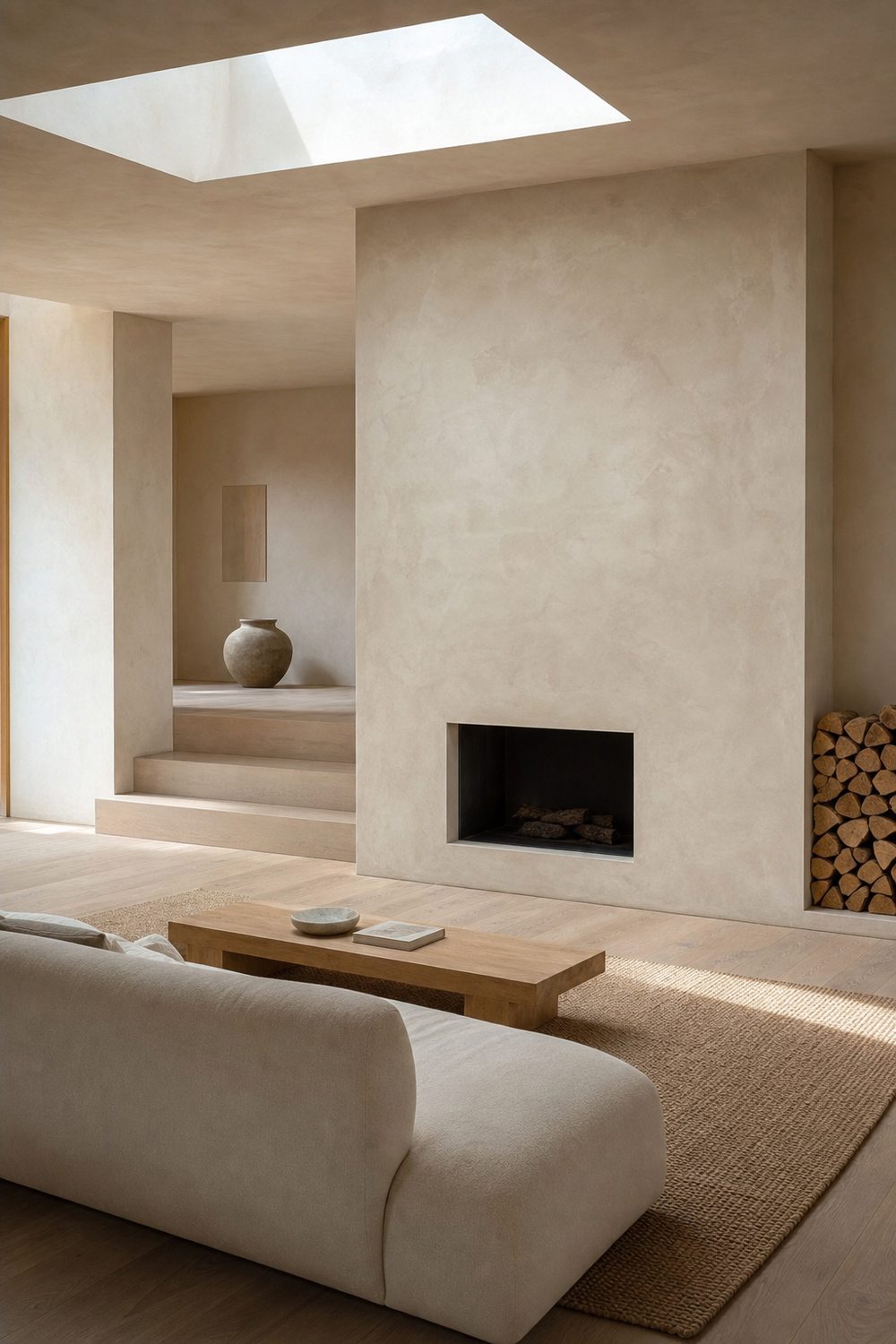 Smooth hand troweled plaster fireplace with no mantel and a rectangular firebox in a minimalist living room