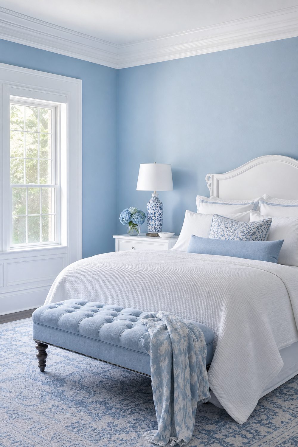 Bedroom with matte powder blue walls, glossy white trim and crown molding, white bed with waffle blanket and pale blue bench