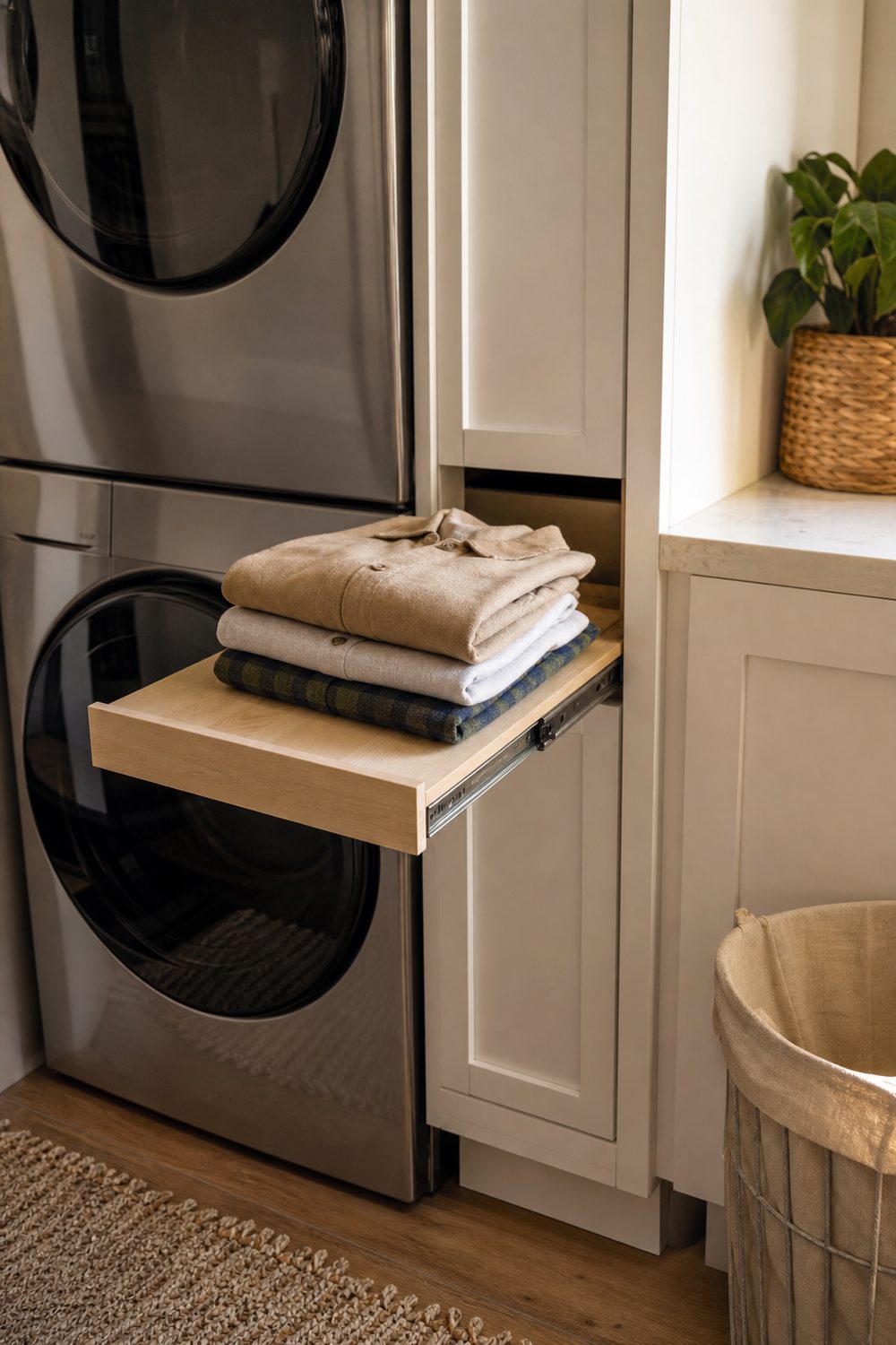 Narrow maple pull out folding shelf extended from a white cabinet beside a stacked washer and dryer in a compact laundry area