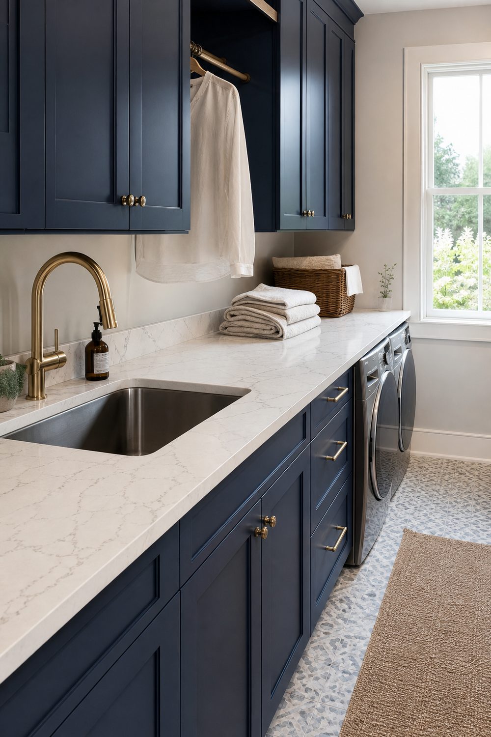 White quartz counter with grey veining and a stainless undermount sink beside folded linens in a navy laundry room
