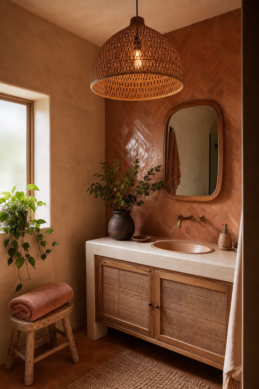 Woven rattan dome chandelier above a boho bathroom vanity with terracotta zellige tile, natural plaster walls and a trailing pothos