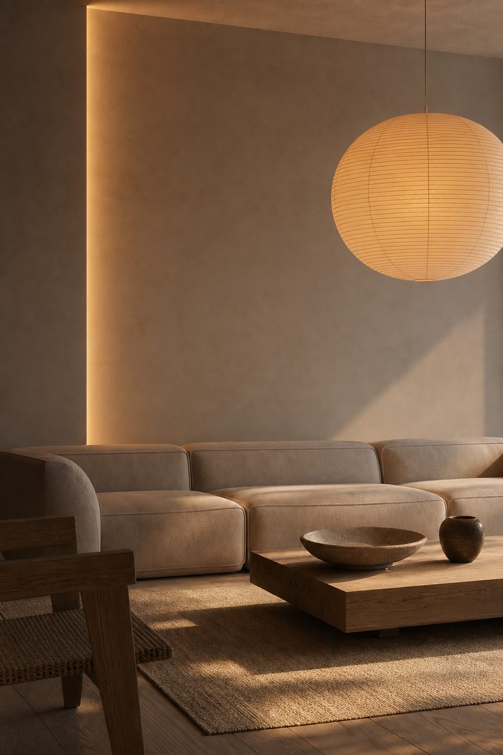 Recessed linear wall wash and a glowing round paper lantern lighting a minimalist living room at dusk