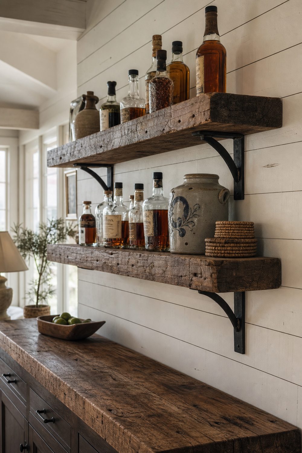 Two thick reclaimed barn wood shelves on hand forged black iron brackets against painted white shiplap with bourbon bottles and a stoneware crock