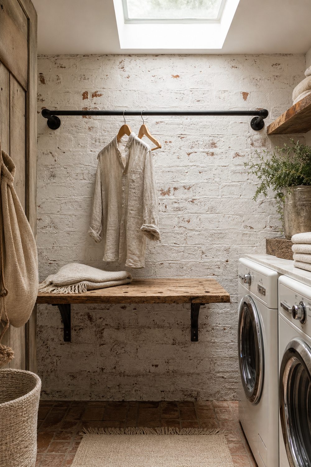 Reclaimed oak folding table mounted on whitewashed brick with a black iron drying rod and hanging linen shirt above it