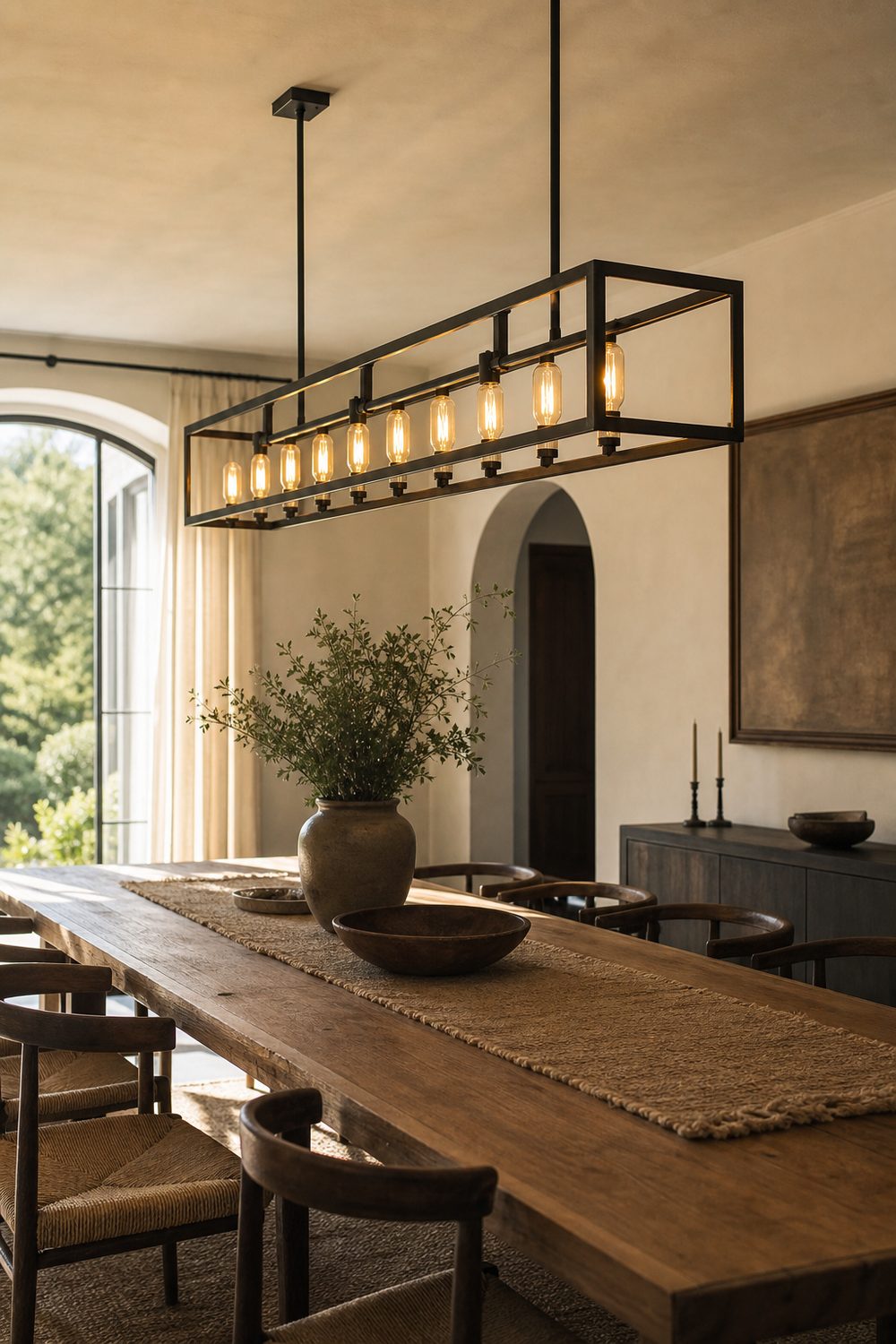 Rectangular cage chandelier with a row of bulbs over a long rustic dining table and woven chairs