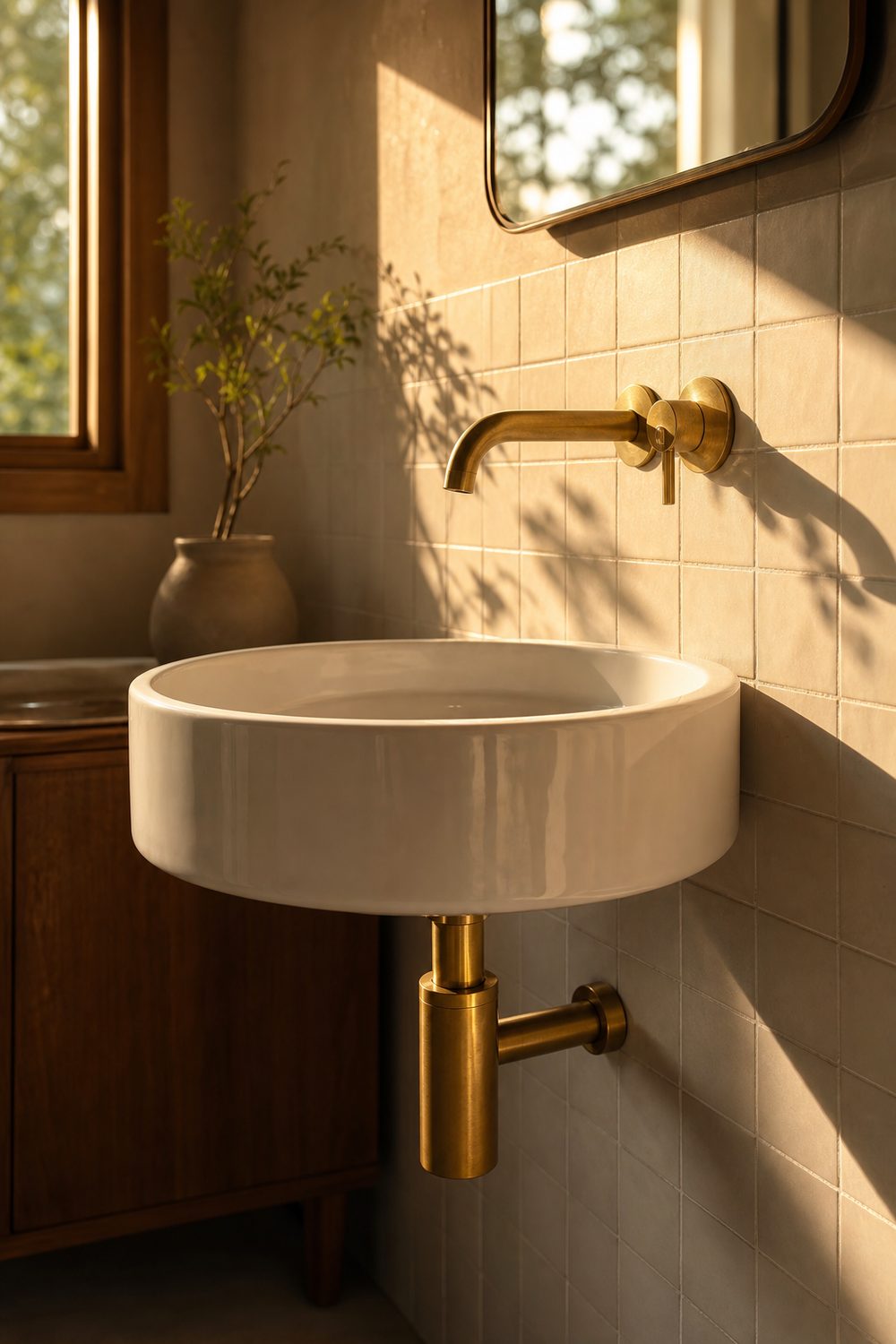 Round white wall mounted basin with an exposed brass bottle trap and wall mounted brass tap on cream tiled wall