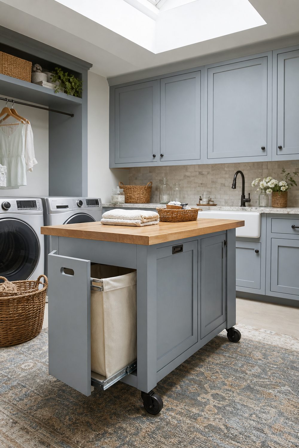 Rolling maple-topped folding table on black casters with a canvas hamper pulled open in a blue-grey laundry room