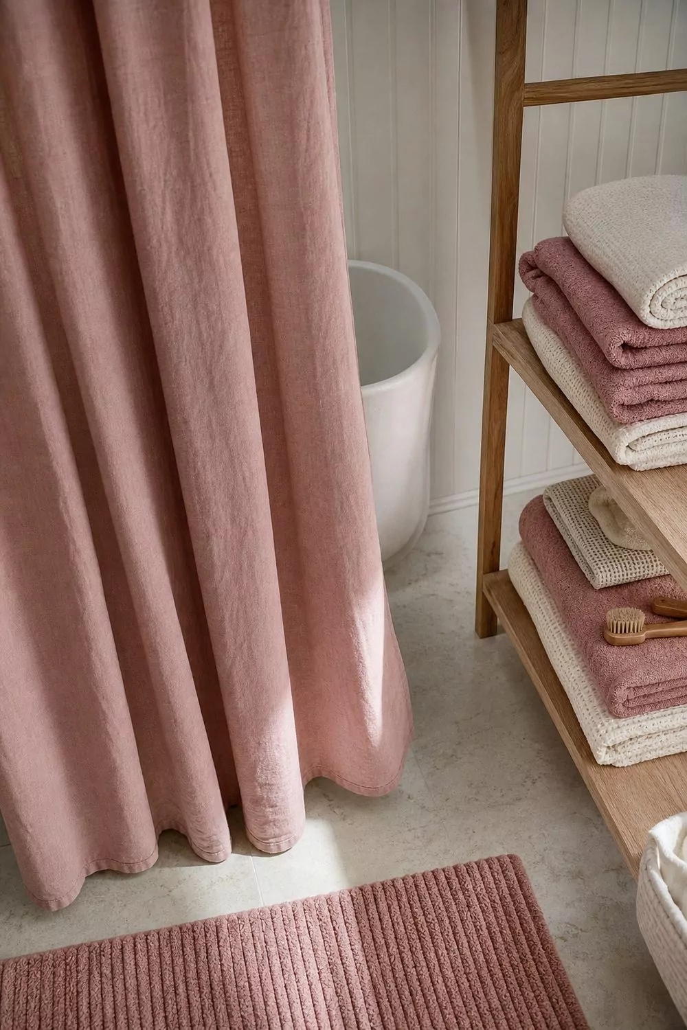 Bathroom styled with a rose pink cotton shower curtain, stacked rose and cream towels on an open shelf and a ribbed bath mat