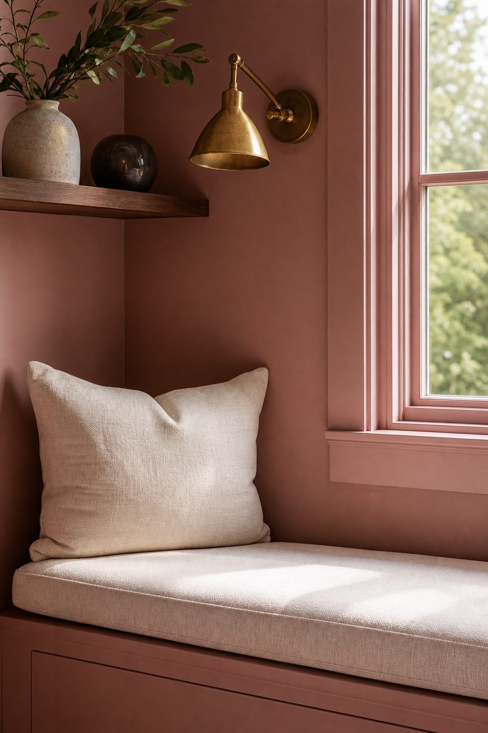 Rosy pink reading nook with built-in bench, walnut shelf, brass sconce, and cream cushion