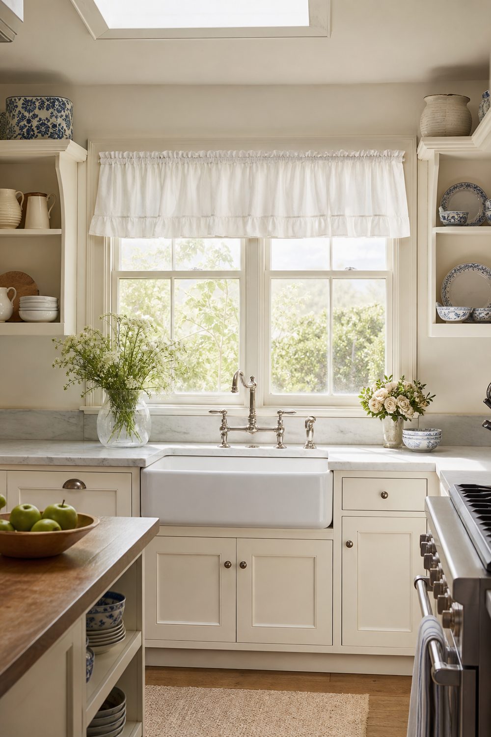 Soft white cotton valance with a gathered ruffle hem above a cottage kitchen apron sink window and open shelves