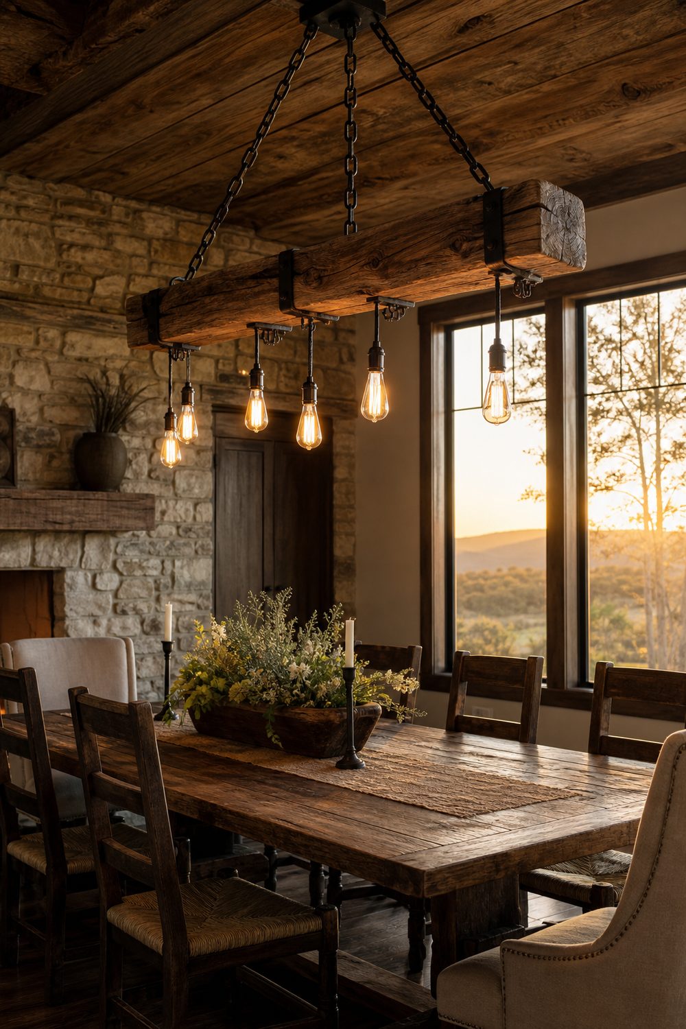 Reclaimed timber beam chandelier on chains with bulbs over a rustic dining table and stone wall