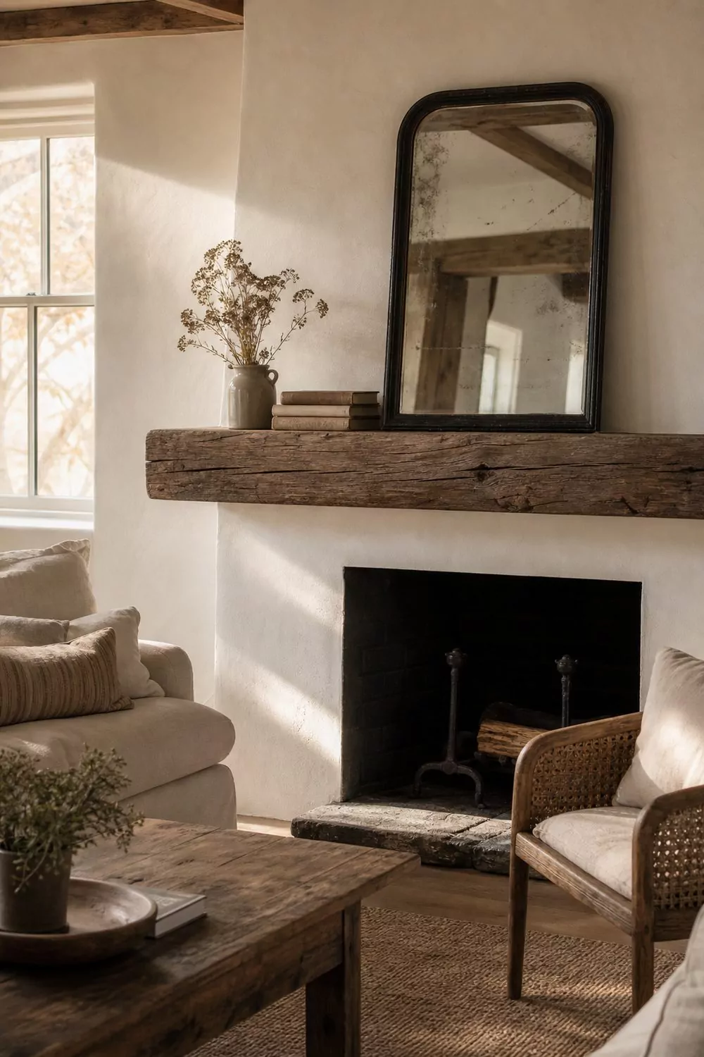Reclaimed oak mantel styled with a leaning antique mirror, stacked books and a stoneware crock of dried stems