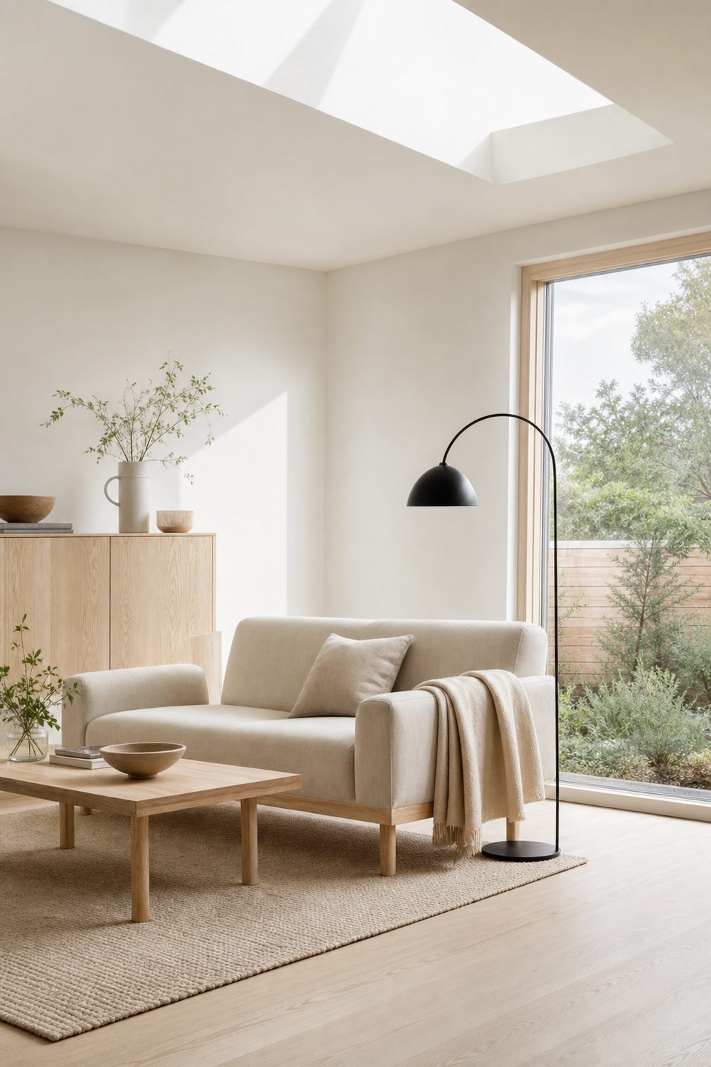 Scandinavian minimalist living room with pale ash furniture, white walls, flatweave rug and a black arc lamp