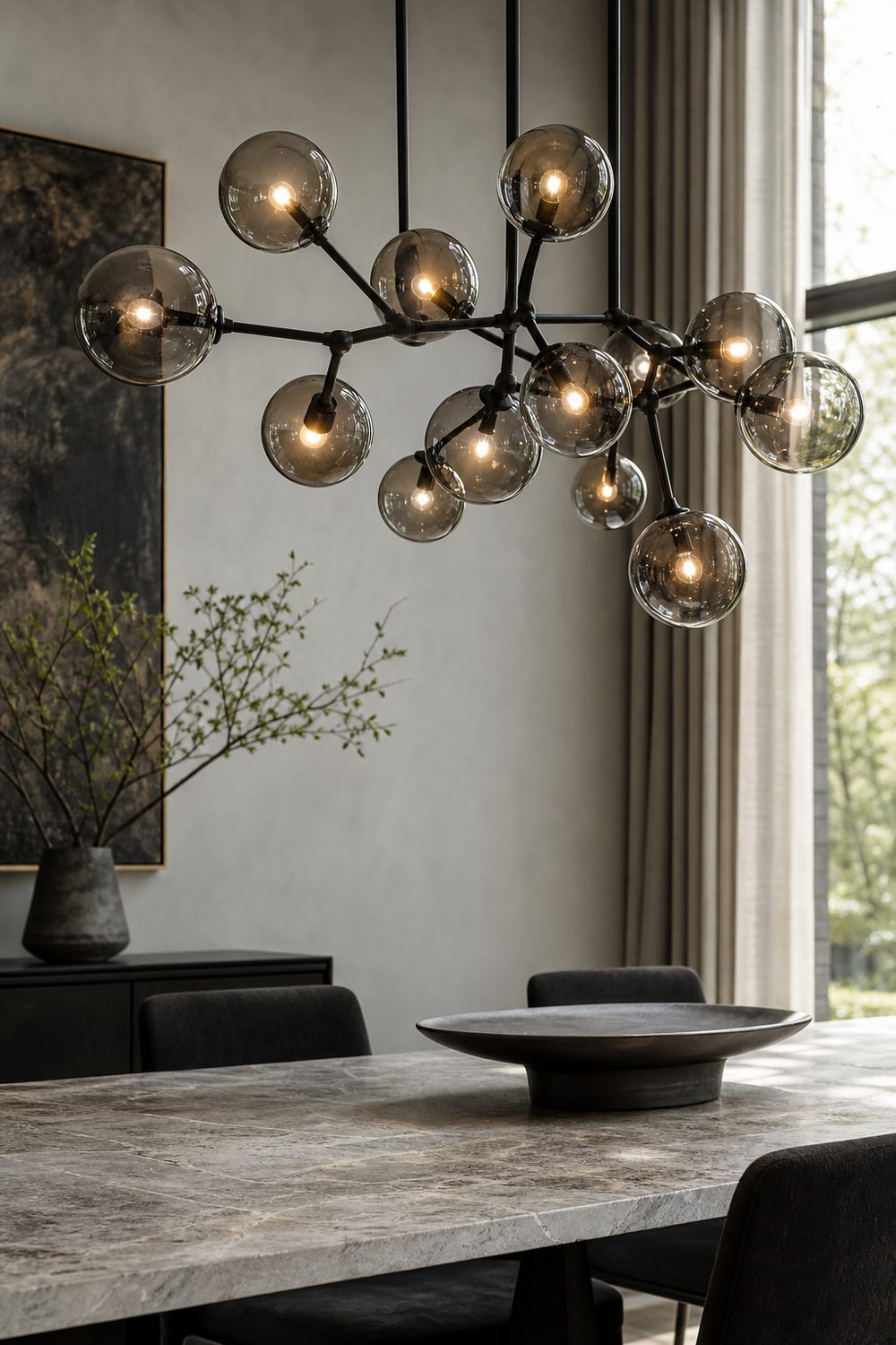 Sculptural chandelier with smoked glass globes above a marble dining table with upholstered chairs