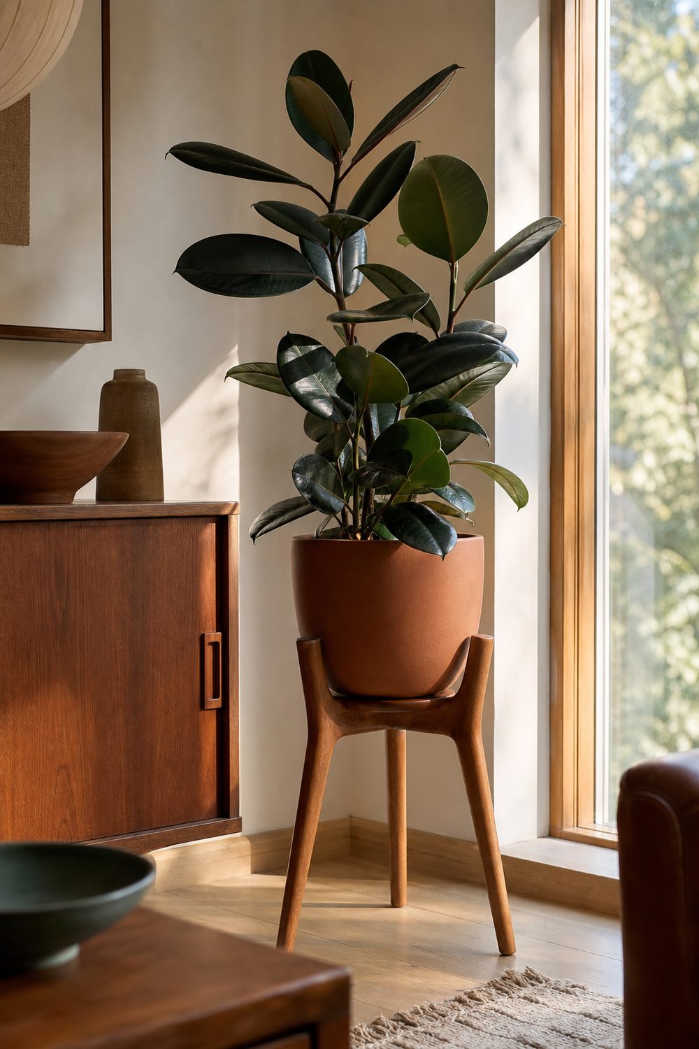 Tall rubber plant in a terracotta ceramic pot on a three legged teak plant stand beside a window in a living room corner