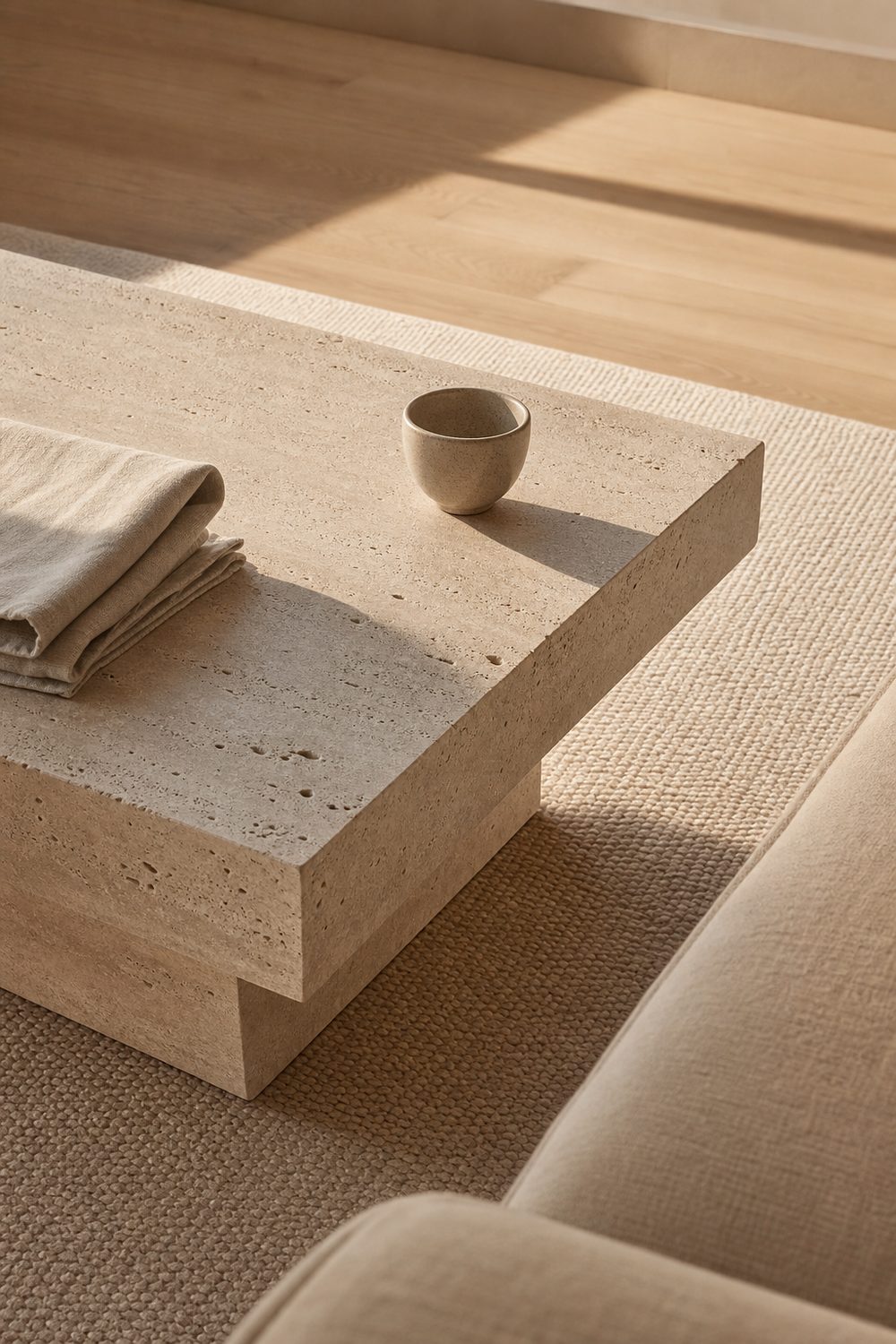 Sculptural honed travertine coffee table on a wool rug in a minimalist living room with a linen sofa